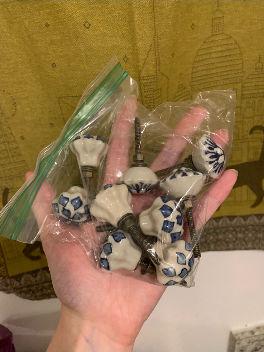 Blue and White Round Ceramic Cabinet Knobs Vintage Glossy  9 Pack